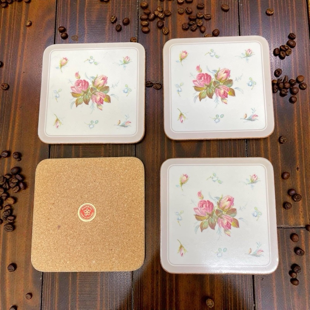 Pimpernel Rosebud Coasters Set of 4 Cork Backed Floral‎ England Vintage 1970s